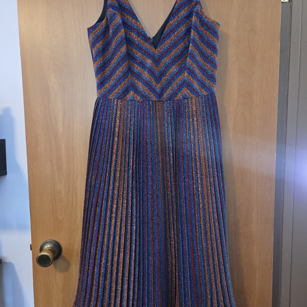 DRESS THE POPULATION Haley Metalic Cobalt Multi Color Midi Dress Size M - Picture 2 of 10